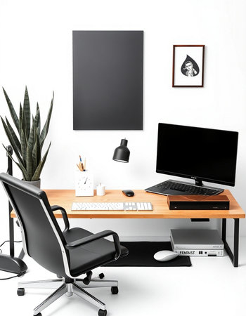 Modern workplace with computer, plant and poster on wall. Mock up