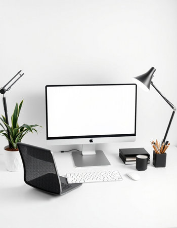 Modern workspace with blank screen computer, stationery and decorations. 3D Rendering