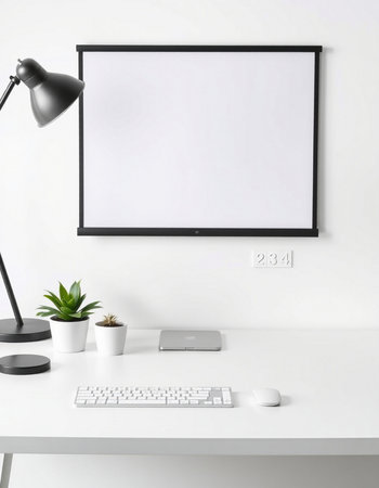 Modern workplace with blank picture frame on the wall. 3D rendering