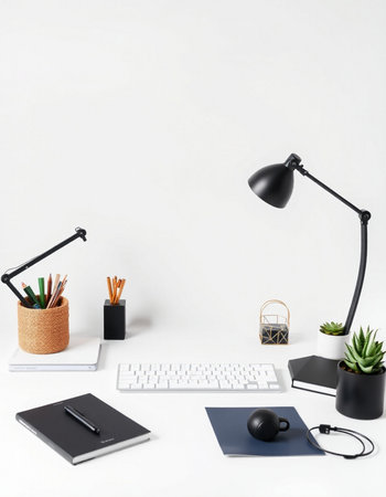 Modern workspace with computer keyboard, stationery and accessories on white backgroundの写真素材