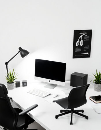 Office interior with modern computer, lamp and plant. Workplace concept