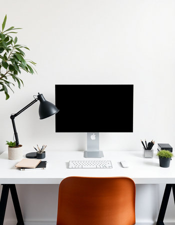 Modern workspace with computer and office supplies on white table. Mock upの写真素材