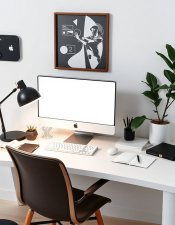 workplace with blank screen computer, keyboard, mouse, plant, lamp and other items