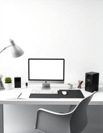 Front view of modern workplace with blank white computer screen, keyboard, mouse, coffee cup and...