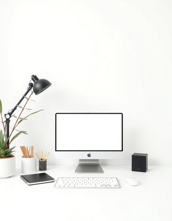 Modern workspace with computer, mouse, keyboard and coffee cup on white background