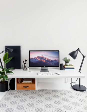 Workplace with computer, lamp and plants. 3d rendering.