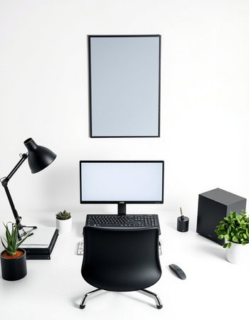 Office workplace with computer and blank screen mockup. 3d render