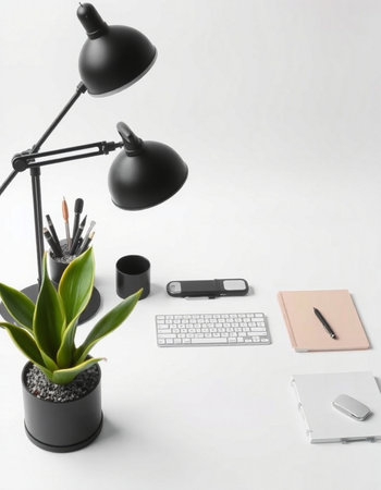 Modern office desk with computer, supplies and plant. Flat lay, top view
