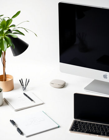 workplace with computer and stationery on white background, close upの写真素材