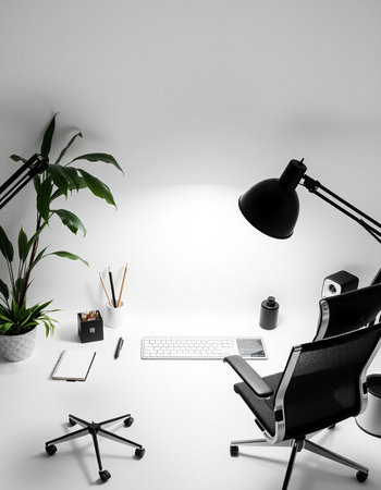 Contemporary office interior with white walls, black armchairs, computer keyboard, coffee cup,...