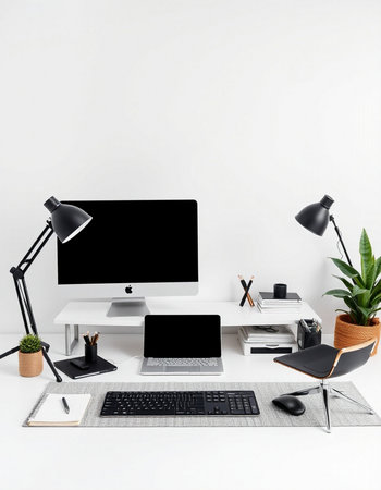 Modern workspace with blank computer screen, supplies and decorations. 3D Rendering