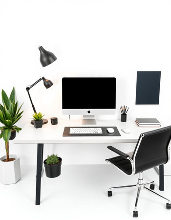 workplace with computer, lamp and stationery isolated on white background