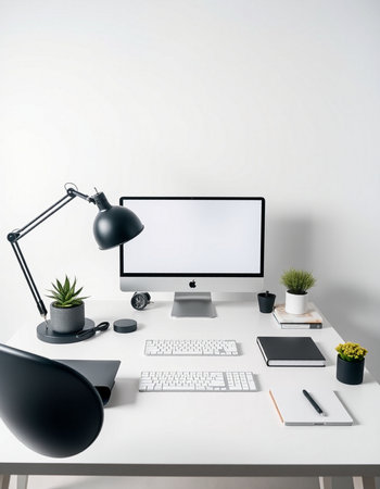 Modern workplace with computer, keyboard, mouse, stationery and decorations. Mock up, 3D Rendering