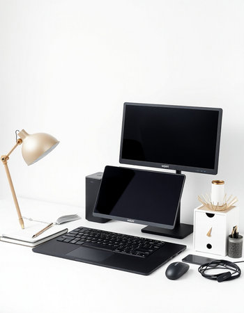 Modern workplace with laptop, tablet and stationery on white background.