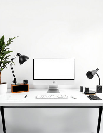 Modern workspace with computer, lamp and other items on table. Mock up