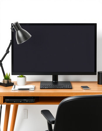 Computer on the desk with black chair and lamp. 3d rendering
