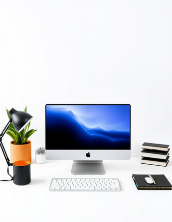 Modern workspace with computer and office supplies on white background. 3d rendering.