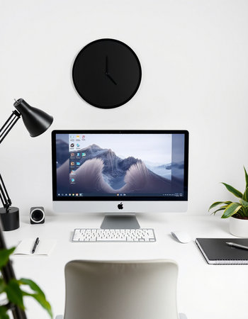 workplace with modern computer on white table in office. 3d rendering