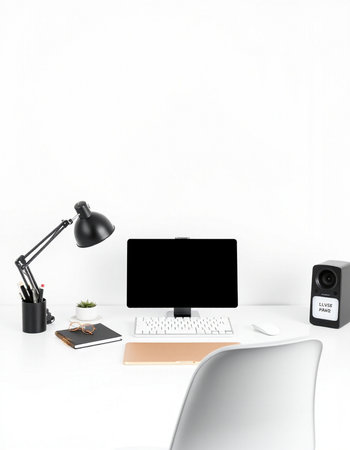 Modern workspace with computer and office supplies on white background. Mock up, 3D Rendering