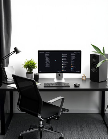 modern workplace with computer on table and black chair in front of white wall