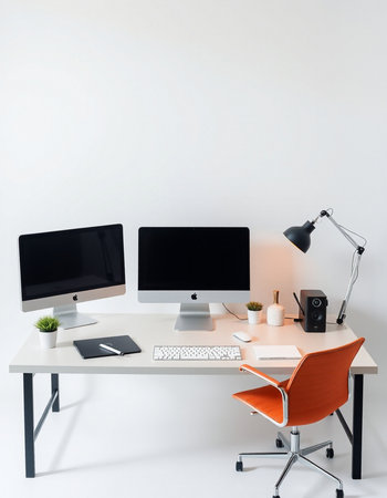 interior of modern workplace with computer, keyboard and mouse isolated on whiteの写真素材