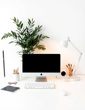 Modern workspace with computer monitor, keyboard, stationery and plant on white background