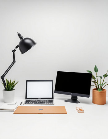 Modern workspace with blank screen computer, lamp and other items. 3D Rendering