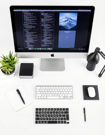 Modern workplace with computer, keyboard, mouse, notebook, tablet and coffee cup on white background