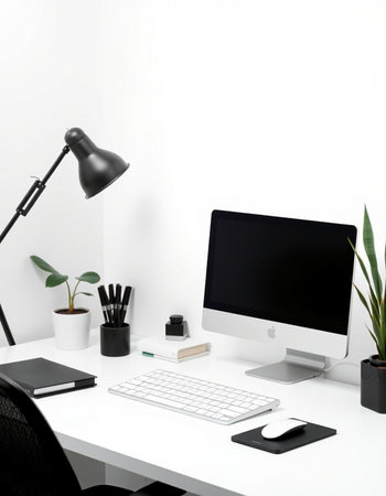 Workplace with computer, stationery and plant on table in officeの写真素材