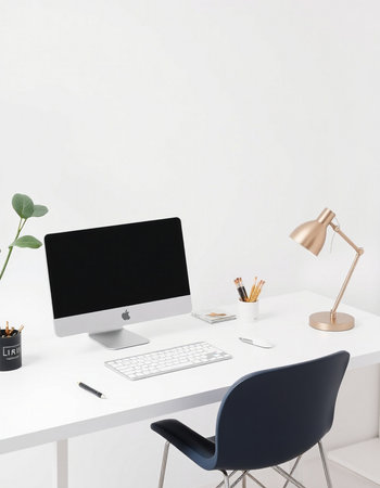 Minimalistic workplace with computer and blank screen. 3d render
