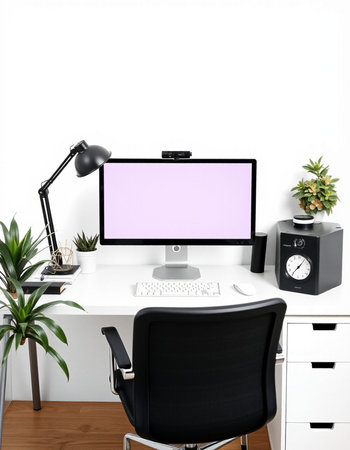 Modern workspace with blank computer screen. Mock up, 3D Rendering