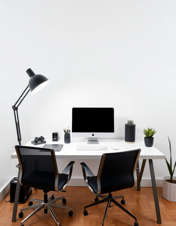 3D Rendering : illustration of modern designer workspace with blank computer screen, keyboard, mouse, lamp and other objects on wooden floor.の写真素材