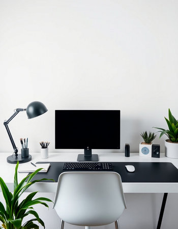 Modern workspace with computer, keyboard, mouse and other items. 3D Renderingの写真素材
