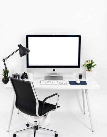 Modern workplace with computer on white background. Workplace concept. Mock up