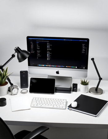 workplace with computer, tablet, smartphone and accessories on white tableの写真素材