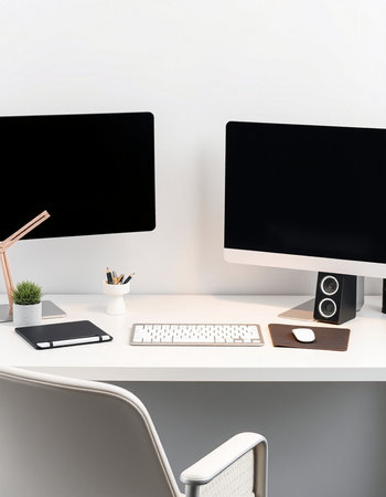 Close up of modern designer desktop with blank computer screen, stationery and other items. Mock up