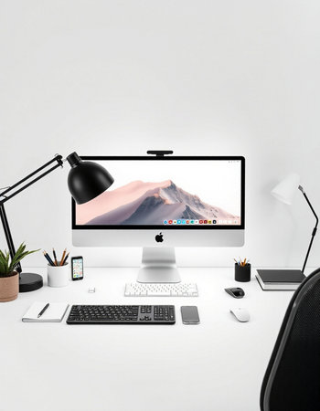 Modern workspace with computer, stationery and accessories.