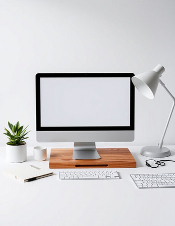 Modern workplace with computer, keyboard, mouse, lamp and other itemsの写真素材