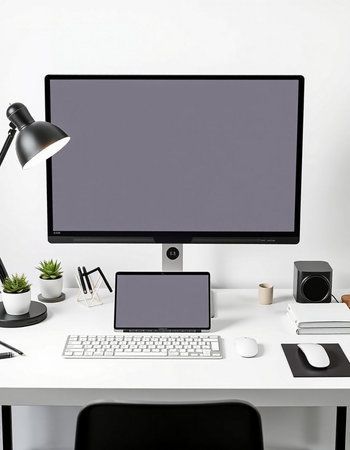 Modern workspace with blank screen computer, supplies and decorations. Mock up, 3D Rendering