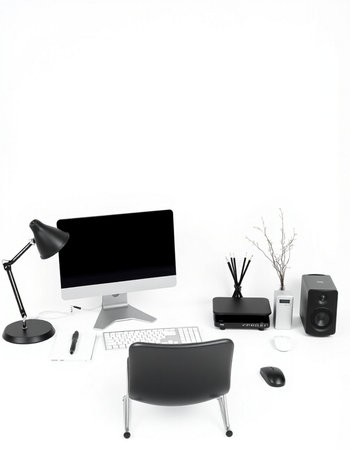 Modern workspace on a white background. Workspace with computer, mouse, keyboard, coffee cup,...