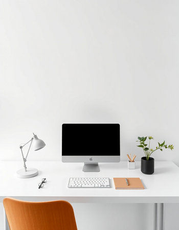 Minimalistic workspace with blank computer monitor, stationery and decorations. Mock up, 3D Renderingの写真素材