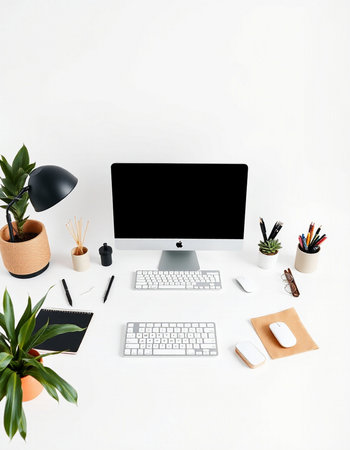 Modern workspace with computer, keyboard, mouse, coffee cup, stationery and plant. Flat lay, top viewの写真素材
