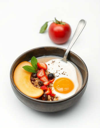 Healthy breakfast with oatmeal, berries and egg on white background