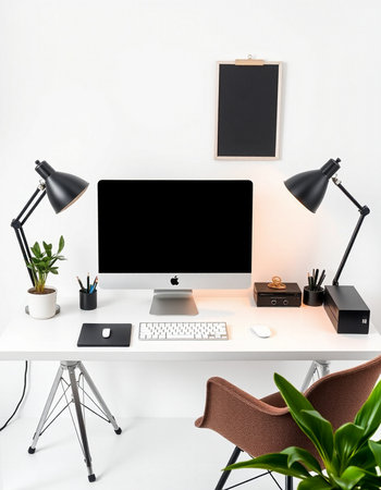 Modern workspace with computer, lamp and decorations. 3D Rendering