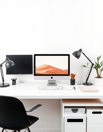 workplace with computer, lamp and stationery. 3d rendering