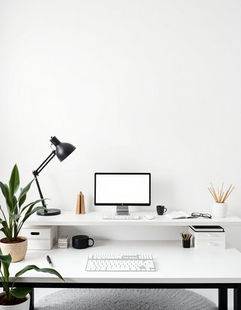 Minimalistic workspace with blank computer screen, coffee cup, keyboard and other items on white...