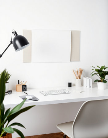 Minimalist workplace with computer, stationery, books and plantの写真素材