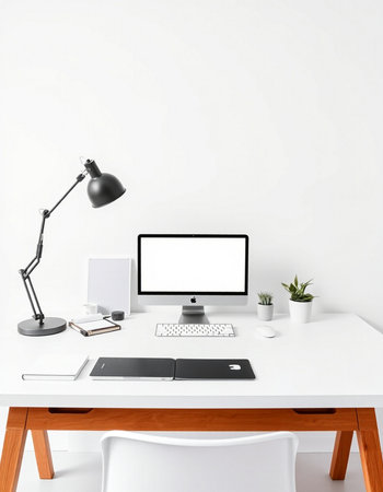 3D Rendering : illustration of modern designer workspace with computer, keyboard, mouse, lamp and...
