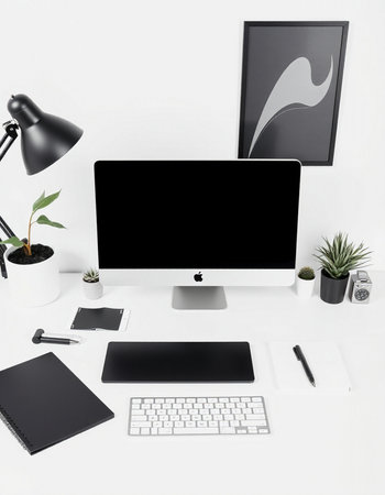 workplace with computer, tablet, stationery and plant isolated on white