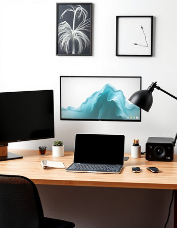 Workplace with computer and accessories on table. 3d rendering.